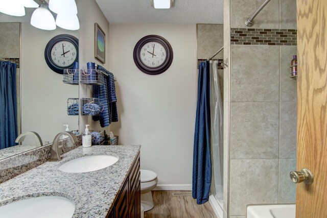 14177 205th St N, Scandia, MN 55073 - bathroom with a shower with shower curtain, double vanity, and wood finished floors