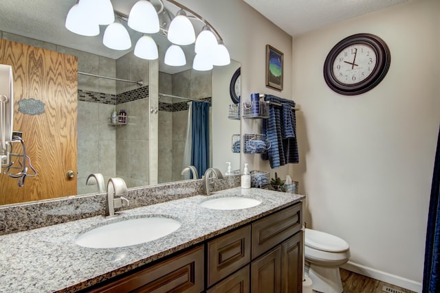 14177 205th St N, Scandia, MN 55073 - full bathroom featuring double vanity, tiled shower, and wood finished floors