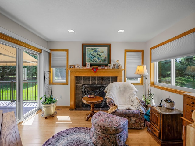 2200 142nd Ln NW, Andover, MN 55304 - living room featuring plenty of natural light, light wood finished floors, a tiled fireplace, baseboards, and recessed lighting