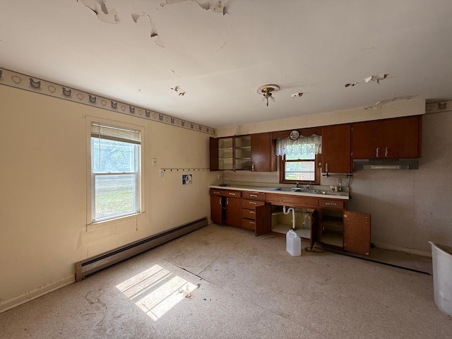 408 Jefferson St, Minneota, MN 56264 - kitchen featuring baseboard heating, under cabinet range hood, healthy amount of natural light, and light countertops