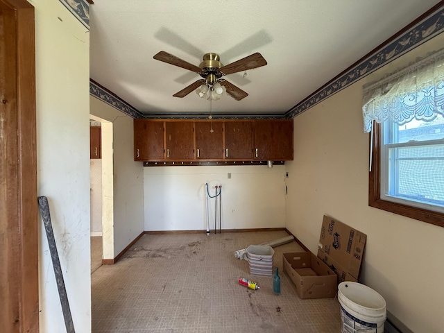 408 Jefferson St, Minneota, MN 56264 - kitchen featuring ceiling fan, light colored carpet, and dark brown cabinetry