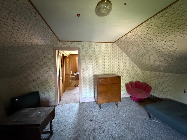 408 Jefferson St, Minneota, MN 56264 - additional living space with carpet floors, lofted ceiling, and wallpapered walls