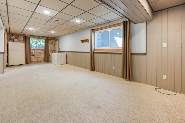805 3rd Ave N, Sartell, MN 56377 - basement with freestanding refrigerator, carpet floors, wooden walls, and a wainscoted wall