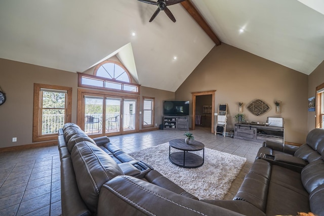 28571 Buffalo Lake Rd, Richwood Twp, MN 56521 - living area with high vaulted ceiling, ceiling fan, baseboards, beam ceiling, and recessed lighting