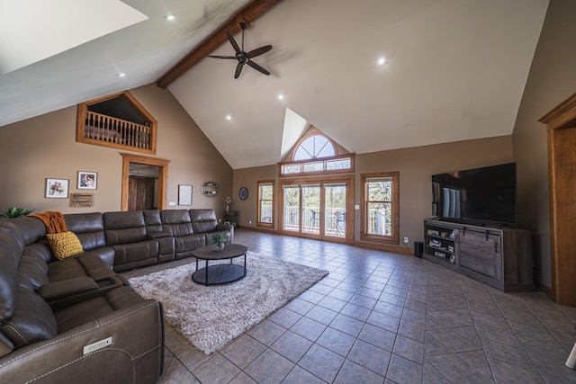 28571 Buffalo Lake Rd, Richwood Twp, MN 56521 - living area with a ceiling fan, high vaulted ceiling, beamed ceiling, and recessed lighting