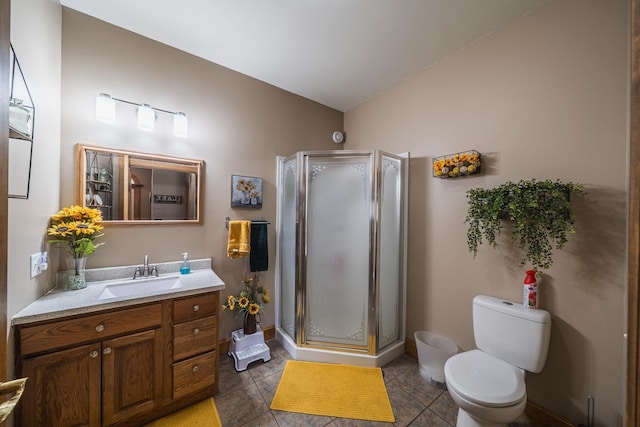 28571 Buffalo Lake Rd, Richwood Twp, MN 56521 - bathroom with a stall shower, vanity, toilet, tile patterned flooring, and vaulted ceiling