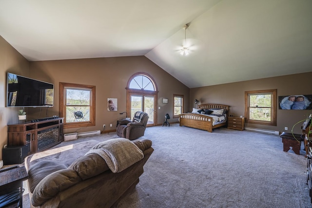 28571 Buffalo Lake Rd, Richwood Twp, MN 56521 - bedroom featuring carpet flooring, vaulted ceiling, baseboards, a baseboard heating unit, and access to exterior