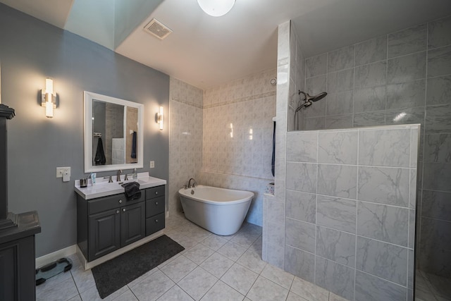 28571 Buffalo Lake Rd, Richwood Twp, MN 56521 - full bath with a walk in shower, vanity, tile patterned floors, a freestanding bath, and tile walls