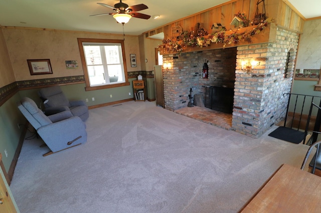 28571 Buffalo Lake Rd, Richwood Twp, MN 56521 - unfurnished living room with carpet flooring, ceiling fan, baseboards, and a fireplace
