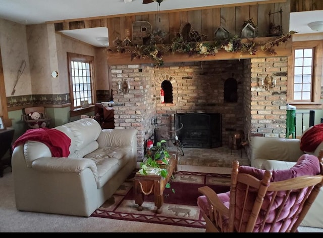 28571 Buffalo Lake Rd, Richwood Twp, MN 56521 - living room with plenty of natural light, wood walls, and a brick fireplace