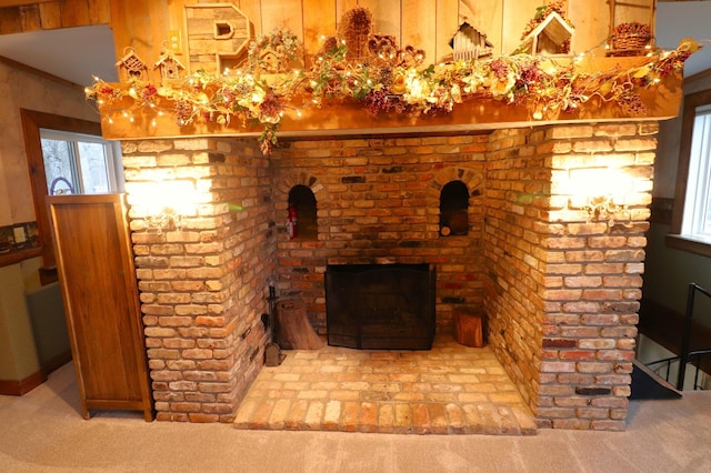 28571 Buffalo Lake Rd, Richwood Twp, MN 56521 - unfurnished living room with carpet and a brick fireplace