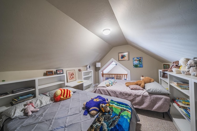 28571 Buffalo Lake Rd, Richwood Twp, MN 56521 - bedroom featuring carpet floors, a textured ceiling, and vaulted ceiling