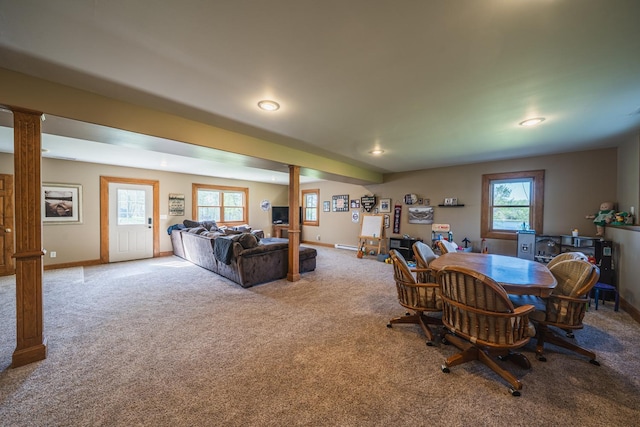28571 Buffalo Lake Rd, Richwood Twp, MN 56521 - dining area with carpet, baseboards, ornate columns, and recessed lighting