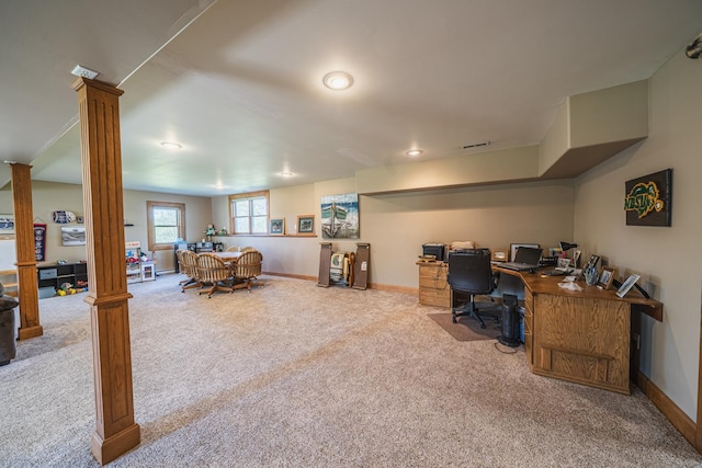 28571 Buffalo Lake Rd, Richwood Twp, MN 56521 - home office with carpet, ornate columns, and baseboards