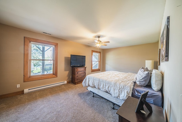 28571 Buffalo Lake Rd, Richwood Twp, MN 56521 - carpeted bedroom with a baseboard heating unit, multiple windows, ceiling fan, and baseboards