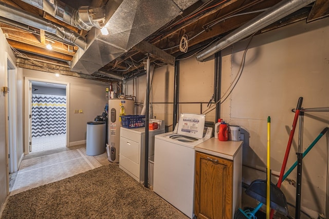 28571 Buffalo Lake Rd, Richwood Twp, MN 56521 - laundry room featuring electric water heater, washing machine and clothes dryer, and light colored carpet