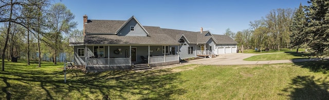 28571 Buffalo Lake Rd, Richwood Twp, MN 56521 - view of front facade featuring a porch, concrete driveway, a front lawn, a garage, and a chimney