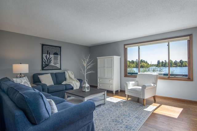 10415 Sorenson Dr, Hayward, WI 54843 - living area with a textured ceiling, hardwood / wood-style flooring, a water view, and baseboards