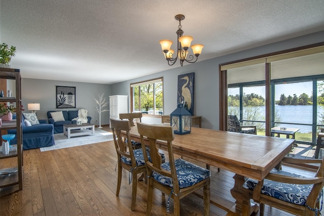10415 Sorenson Dr, Hayward, WI 54843 - dining room featuring a textured ceiling, a chandelier, wood finished floors, and a water view