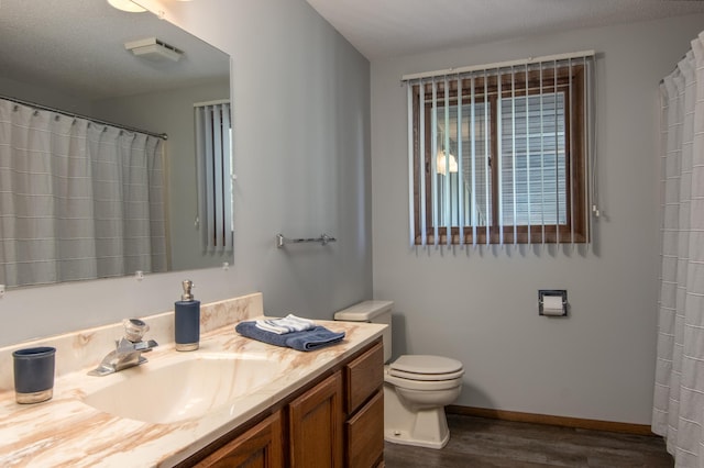 10415 Sorenson Dr, Hayward, WI 54843 - full bath with wood finished floors, toilet, vanity, baseboards, and a shower with curtain