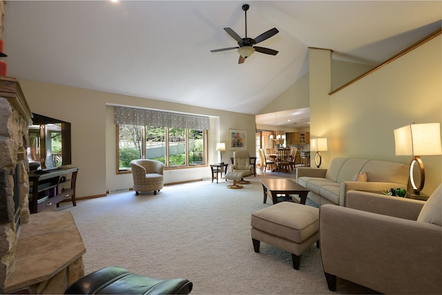 514 10th St N, Sartell, MN 56377 - living room with carpet floors, a ceiling fan, high vaulted ceiling, and baseboards