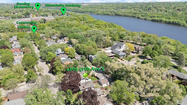 4505 47th Ave S, Minneapolis, MN 55406 - aerial view of property's location with a large body of water, a heavily wooded area, and nearby suburban area