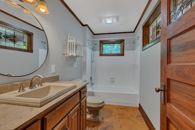 506 Riverside Dr SE, Saint Cloud, MN 56304 - bathroom with toilet, crown molding, shower / bath combination, and vanity