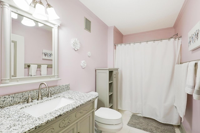 full bathroom with vanity, toilet, tile patterned floors, a shower with curtain, and ornate columns