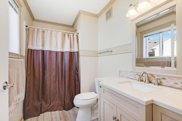 bathroom with crown molding, backsplash, toilet, vanity, and a shower with shower curtain