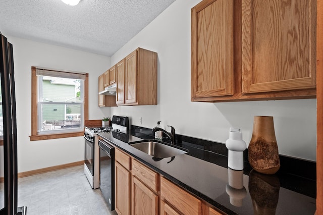 3608 Park Ave Unit 102, Minneapolis, MN 55407 - kitchen featuring a sink, under cabinet range hood, range with gas stovetop, dishwasher, and a textured ceiling