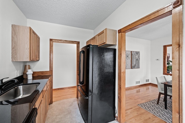 3608 Park Ave Unit 102, Minneapolis, MN 55407 - kitchen with freestanding refrigerator, a sink, light wood finished floors, light brown cabinetry, and a textured ceiling