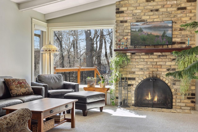 2241 17th St NW, New Brighton, MN 55112 - living area with carpet, an outdoor brick fireplace, and plenty of natural light