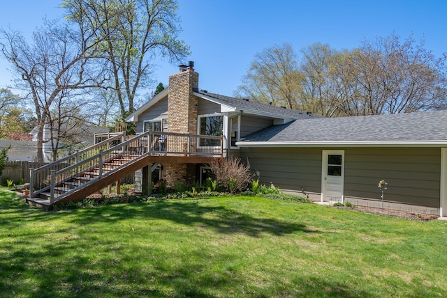 2241 17th St NW, New Brighton, MN 55112 - back of property with stairs, a wooden deck, a chimney, and roof with shingles