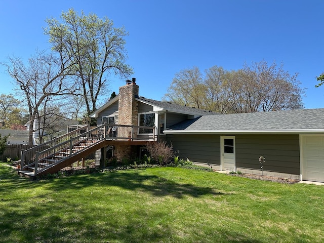 2241 17th St NW, New Brighton, MN 55112 - rear view of house with stairs, a wooden deck, a chimney, and a lawn