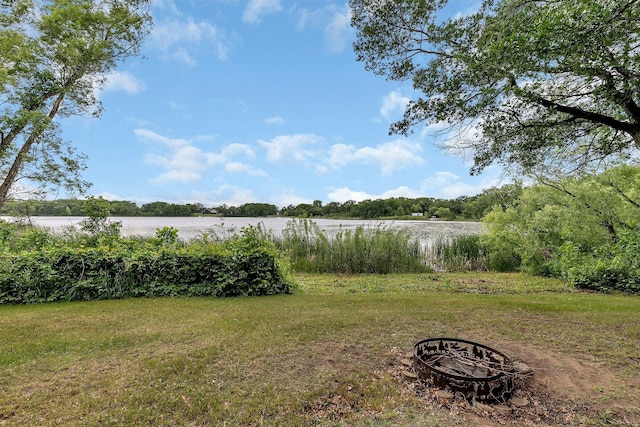 13047 Endicott Dr NW, Clearwater, MN 55320 - view of grassy yard with an outdoor fire pit and a water view