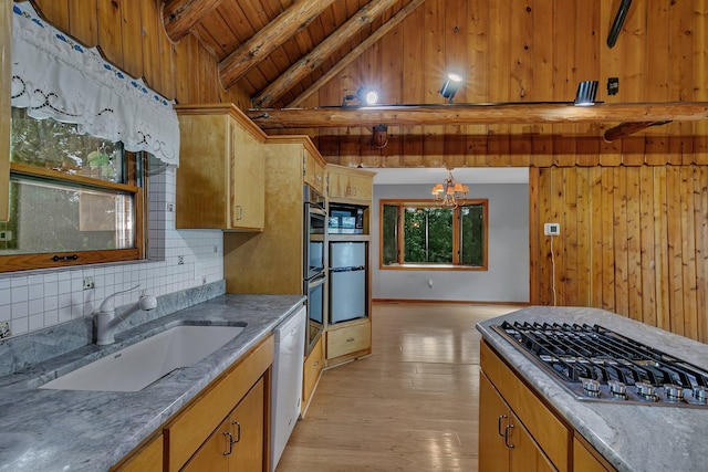 13047 Endicott Dr NW, Clearwater, MN 55320 - kitchen with appliances with stainless steel finishes, a sink, wooden ceiling, light wood-type flooring, and a chandelier