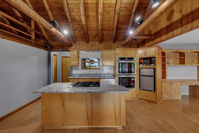 13047 Endicott Dr NW, Clearwater, MN 55320 - kitchen featuring stainless steel appliances, wood ceiling, a kitchen island, decorative backsplash, and light wood-type flooring