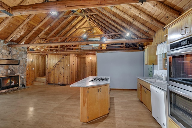 13047 Endicott Dr NW, Clearwater, MN 55320 - kitchen featuring white dishwasher, wood ceiling with exposed beams, a sink, stainless steel double oven, and light wood-type flooring