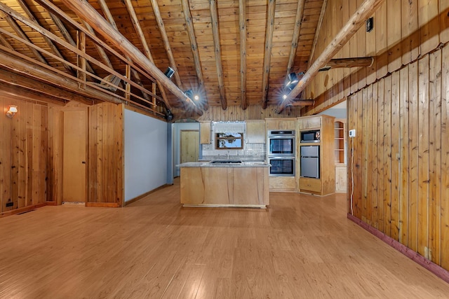 13047 Endicott Dr NW, Clearwater, MN 55320 - kitchen featuring refrigerator, stainless steel double oven, black microwave, light wood-style floors, and wood ceiling