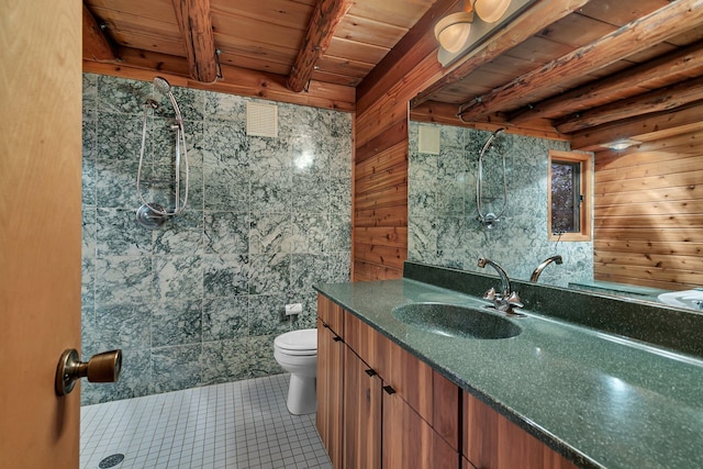 13047 Endicott Dr NW, Clearwater, MN 55320 - full bathroom with toilet, tile patterned floors, a shower, vanity, and wooden ceiling with exposed beams