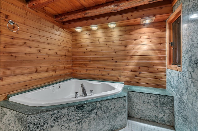 13047 Endicott Dr NW, Clearwater, MN 55320 - bathroom featuring a bath, tile patterned flooring, and wooden ceiling with exposed beams