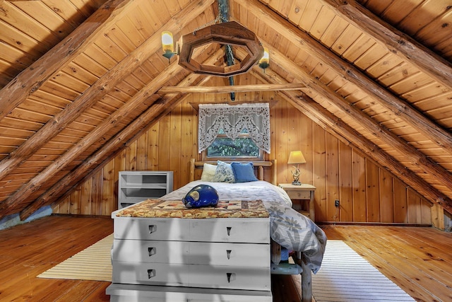 13047 Endicott Dr NW, Clearwater, MN 55320 - bedroom with wood-type flooring, wooden walls, and wooden ceiling