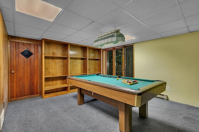 13047 Endicott Dr NW, Clearwater, MN 55320 - game room featuring carpet, a drop ceiling, billiards, a baseboard heating unit, and wood walls