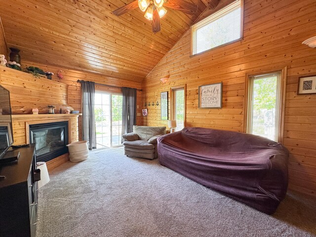 41443 County Highway 1, Ottertail, MN 56571 - living room featuring wooden walls, carpet flooring, ceiling fan, wood ceiling, and a glass covered fireplace