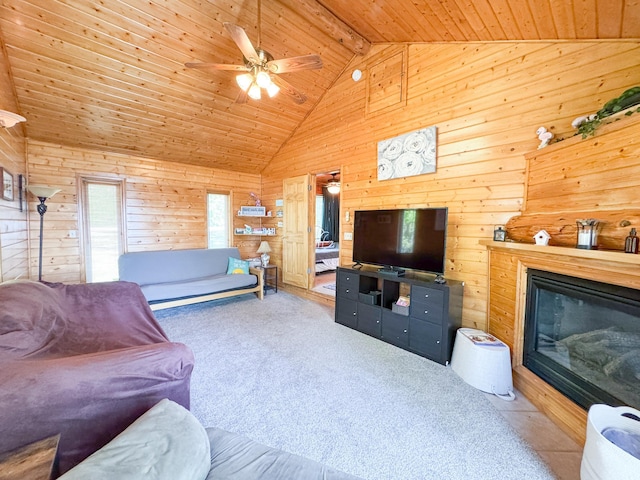 41443 County Highway 1, Ottertail, MN 56571 - living area featuring wooden walls, wooden ceiling, high vaulted ceiling, a ceiling fan, and carpet