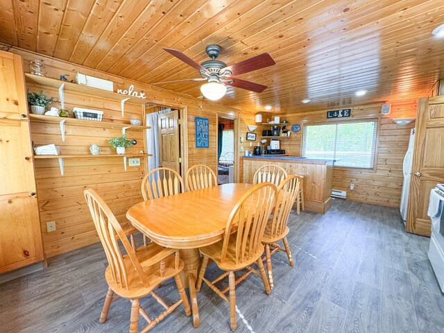 41443 County Highway 1, Ottertail, MN 56571 - dining room featuring wooden ceiling, wood finished floors, wood walls, and a ceiling fan