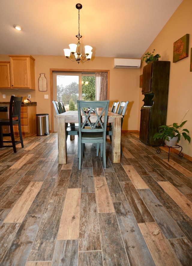 11375 Gem St, Milaca, MN 56353 - dining area featuring dark wood-type flooring, a chandelier, a wall unit AC, and lofted ceiling