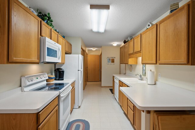 19136 Concord Ct NW, Elk River, MN 55330 - kitchen with white appliances, a sink, light countertops, a textured ceiling, and brown cabinetry