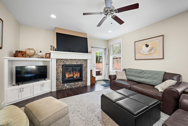 1013 Planters Path, Bayport, MN 55003 - living area featuring wood finished floors, a fireplace, recessed lighting, and ceiling fan
