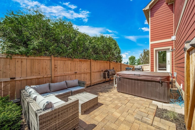 1013 Planters Path, Bayport, MN 55003 - view of patio / terrace featuring a hot tub, a fenced backyard, outdoor lounge area, and a grill